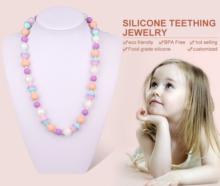 infant teething necklace safe, fashionable colorful silicone necklace