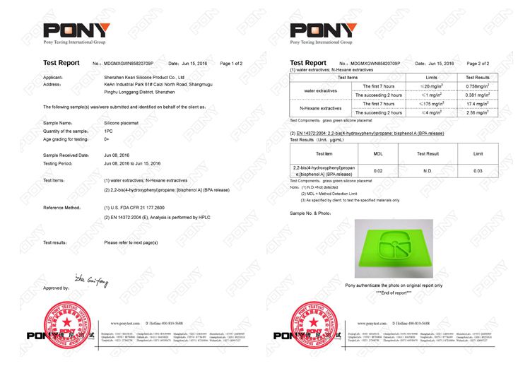Silicone Placemat Plate certificate