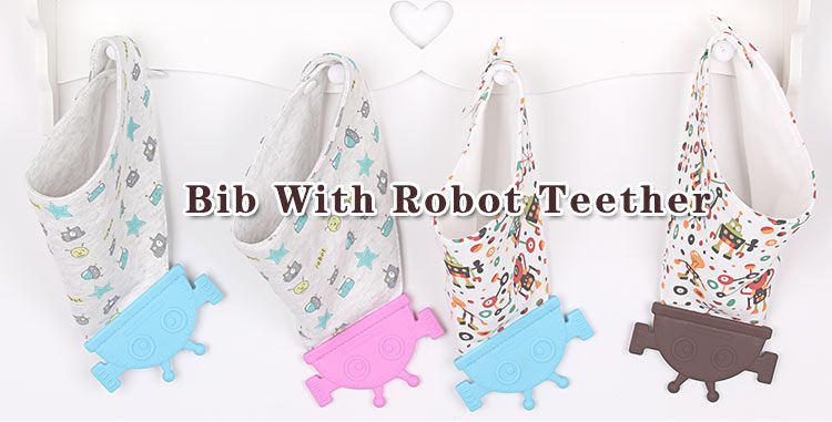 Bib Teether, Baby Waterproof Silicone Bib with Teether Robot