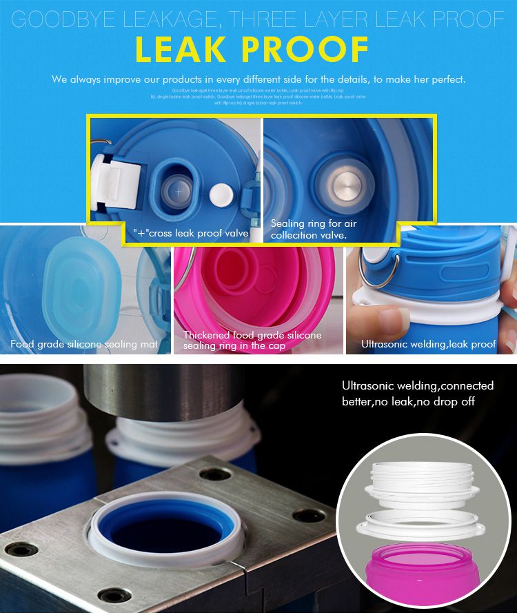leak proof silicone foldable water bottle, nontoxic and safety